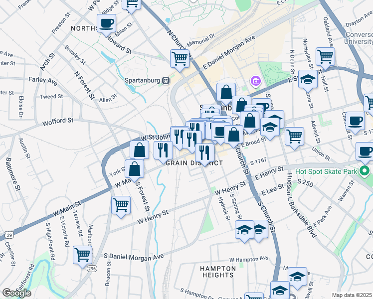 map of restaurants, bars, coffee shops, grocery stores, and more near 226 West Main Street in Spartanburg
