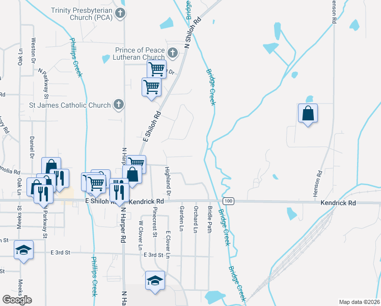 map of restaurants, bars, coffee shops, grocery stores, and more near 2713 North Lane in Corinth
