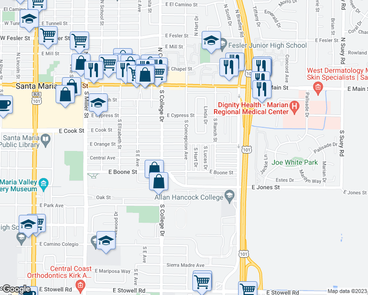 map of restaurants, bars, coffee shops, grocery stores, and more near 840 East Orange Street in Santa Maria