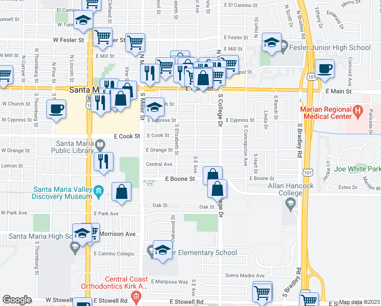 map of restaurants, bars, coffee shops, grocery stores, and more near 626 East Orange Street in Santa Maria