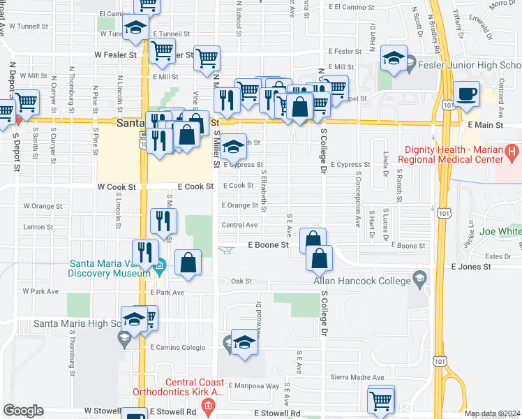 map of restaurants, bars, coffee shops, grocery stores, and more near 528 East Orange Street in Santa Maria