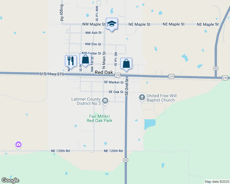 map of restaurants, bars, coffee shops, grocery stores, and more near Southeast Oak Street in Red Oak