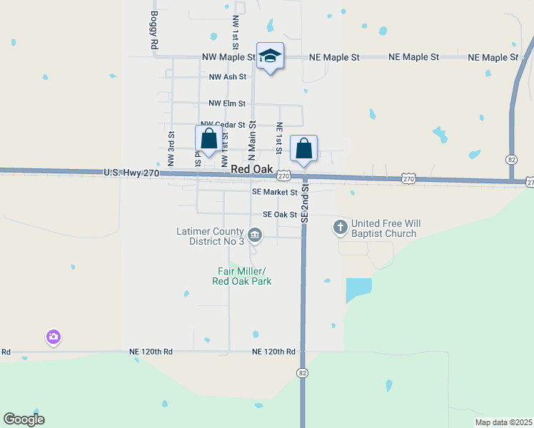 map of restaurants, bars, coffee shops, grocery stores, and more near Southeast Oak Street in Red Oak