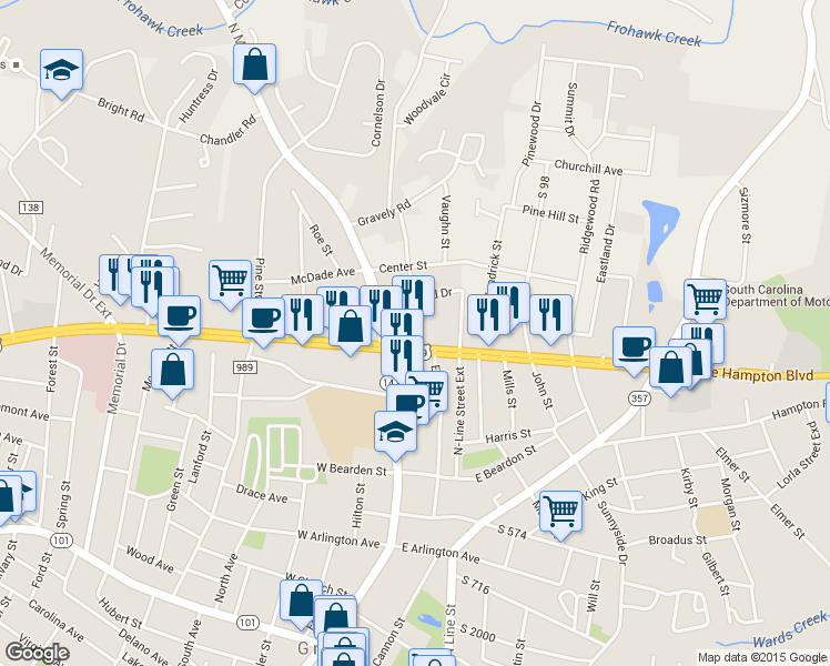 map of restaurants, bars, coffee shops, grocery stores, and more near 103 East Wade Hampton Boulevard in Greer