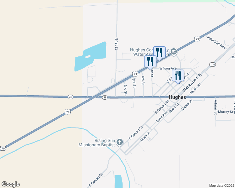 map of restaurants, bars, coffee shops, grocery stores, and more near 311 Main Street in Hughes