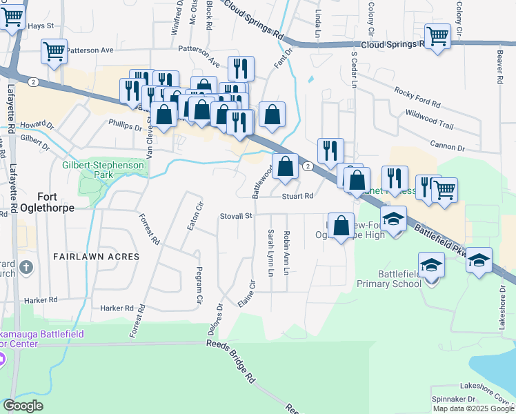 map of restaurants, bars, coffee shops, grocery stores, and more near in Fort Oglethorpe