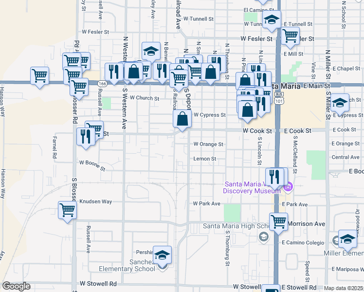map of restaurants, bars, coffee shops, grocery stores, and more near 700 West Orange Street in Santa Maria