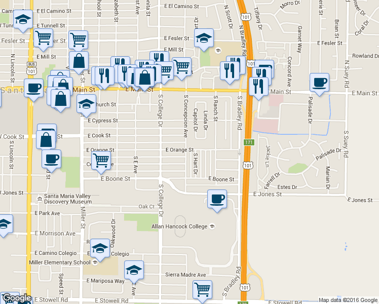 map of restaurants, bars, coffee shops, grocery stores, and more near 500 South Concepcion Avenue in Santa Maria