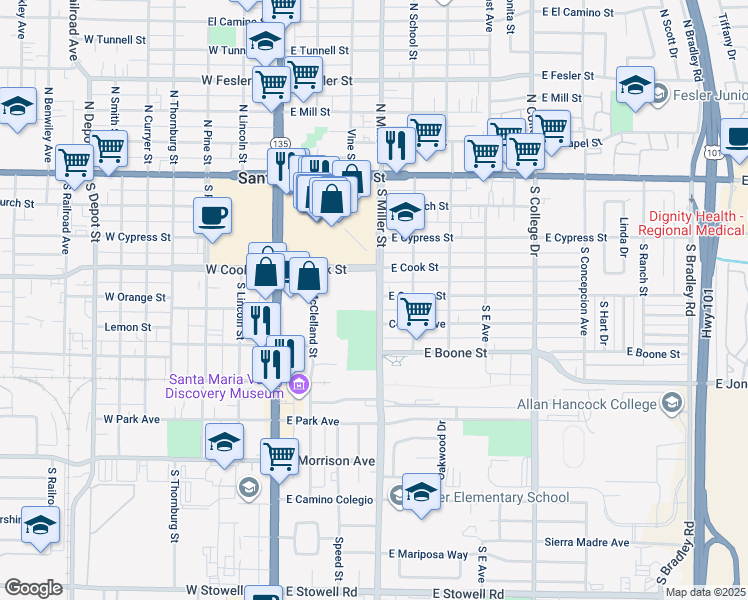 map of restaurants, bars, coffee shops, grocery stores, and more near 509 Miller Street in Santa Maria