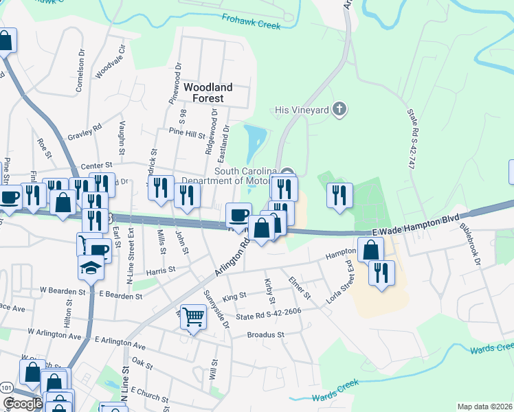 map of restaurants, bars, coffee shops, grocery stores, and more near 14180 East Wade Hampton Boulevard in Greer