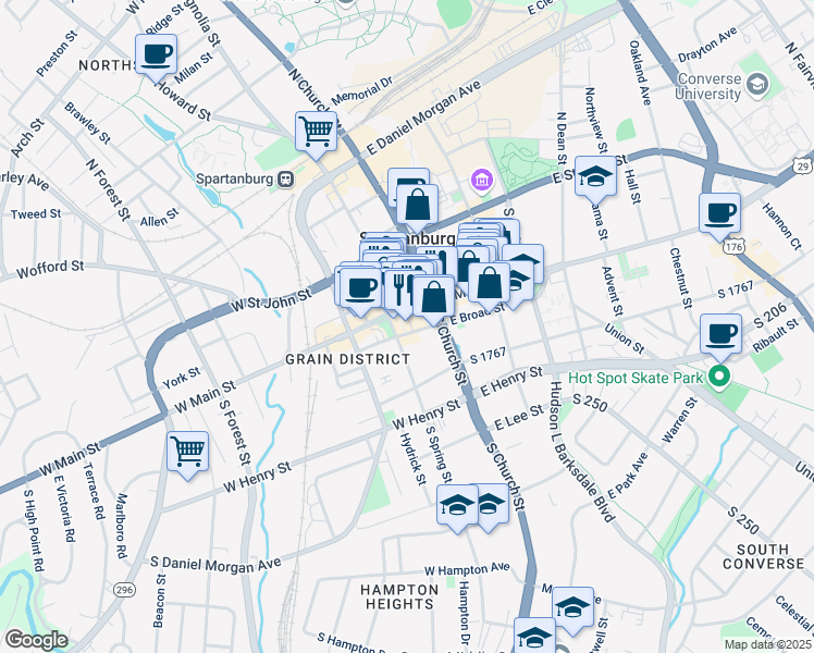 map of restaurants, bars, coffee shops, grocery stores, and more near 201 Wall Street in Spartanburg