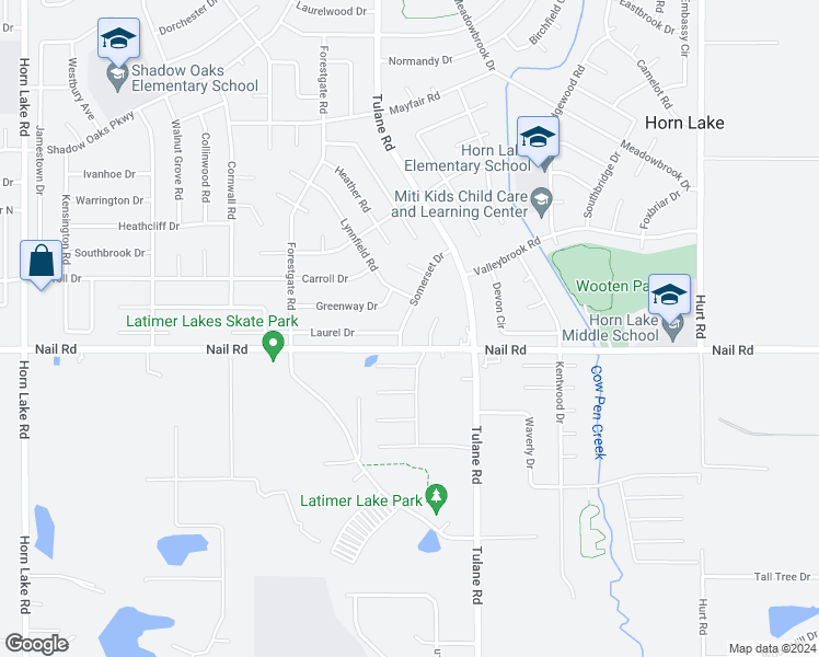 map of restaurants, bars, coffee shops, grocery stores, and more near 6050 Somerset Drive in Horn Lake