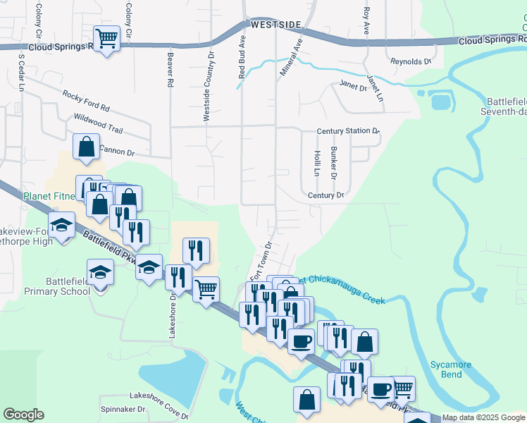 map of restaurants, bars, coffee shops, grocery stores, and more near 100 Parkwood Drive in Rossville