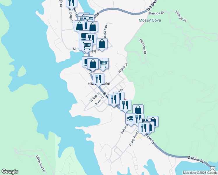 map of restaurants, bars, coffee shops, grocery stores, and more near 111 North River Street in Hiawassee