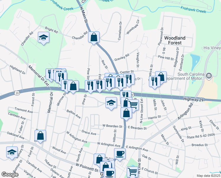 map of restaurants, bars, coffee shops, grocery stores, and more near 112 West Wade Hampton Boulevard in Greer