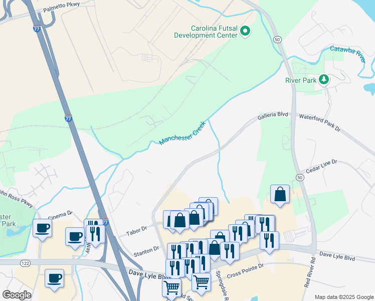map of restaurants, bars, coffee shops, grocery stores, and more near 724 Sebring Drive in Rock Hill