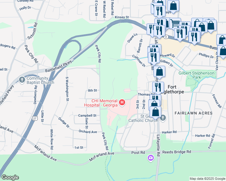 map of restaurants, bars, coffee shops, grocery stores, and more near 100 Gross Crescent in Fort Oglethorpe