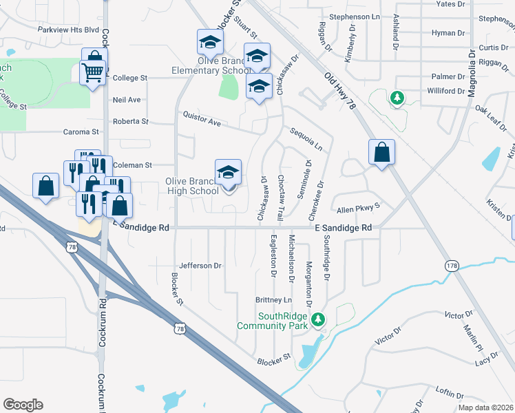 map of restaurants, bars, coffee shops, grocery stores, and more near 6029 Chickasaw Drive in Olive Branch