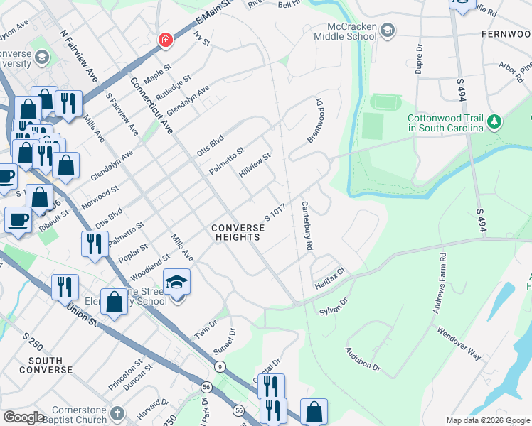 map of restaurants, bars, coffee shops, grocery stores, and more near 708 Hollywood Street in Spartanburg