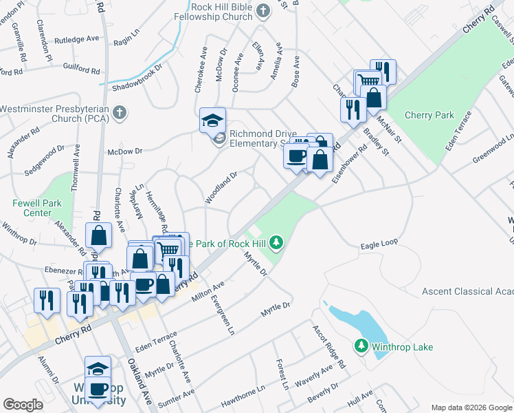 map of restaurants, bars, coffee shops, grocery stores, and more near 957 Cherry Road in Rock Hill