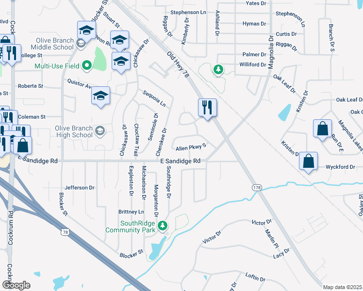 map of restaurants, bars, coffee shops, grocery stores, and more near 9862 Allen Parkway South in Olive Branch