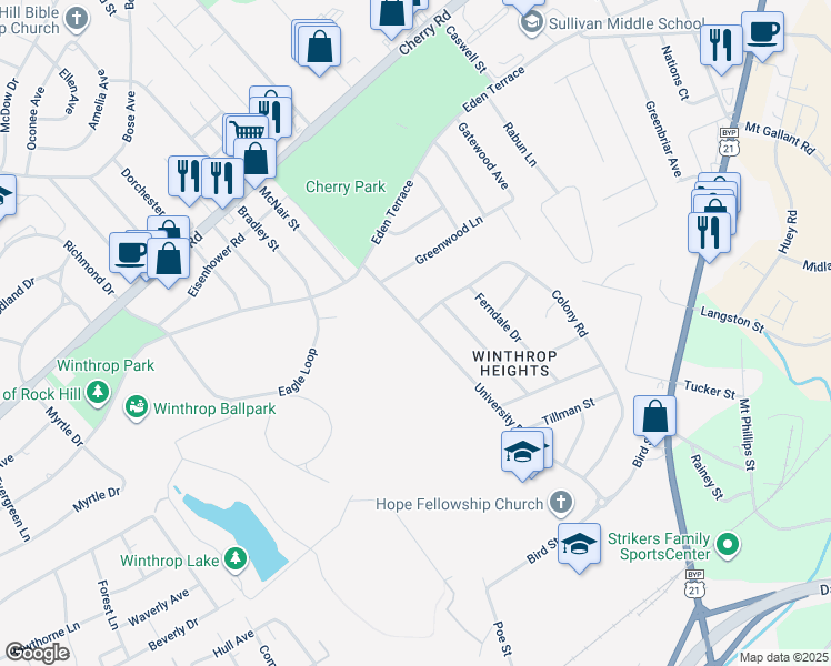 map of restaurants, bars, coffee shops, grocery stores, and more near 699 University Drive in Rock Hill