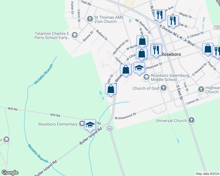 map of restaurants, bars, coffee shops, grocery stores, and more near 103 Charles Street in Roseboro