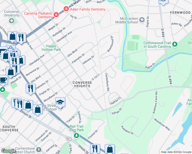 map of restaurants, bars, coffee shops, grocery stores, and more near 727 Hollywood Street in Spartanburg