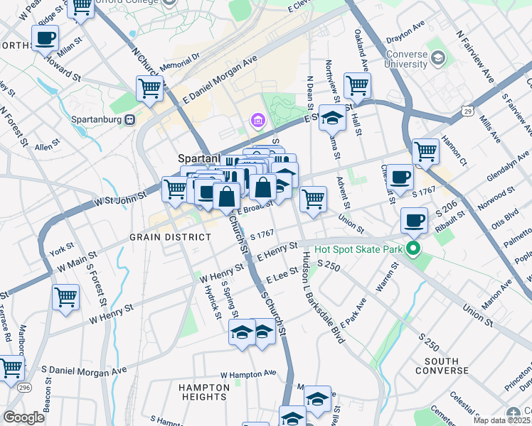 map of restaurants, bars, coffee shops, grocery stores, and more near 141 East Broad Street in Spartanburg