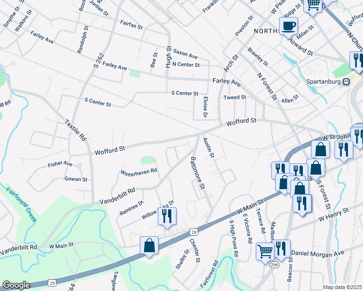 map of restaurants, bars, coffee shops, grocery stores, and more near 700 Vanderbilt Road in Spartanburg