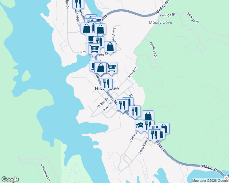 map of restaurants, bars, coffee shops, grocery stores, and more near Franks Street in Hiawassee