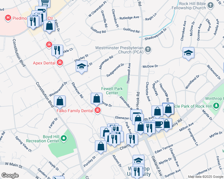map of restaurants, bars, coffee shops, grocery stores, and more near 1204 Alexander Road in Rock Hill