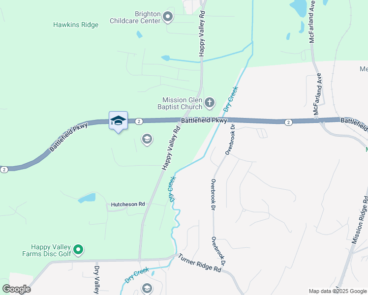 map of restaurants, bars, coffee shops, grocery stores, and more near 2563 Happy Valley Road in Rossville