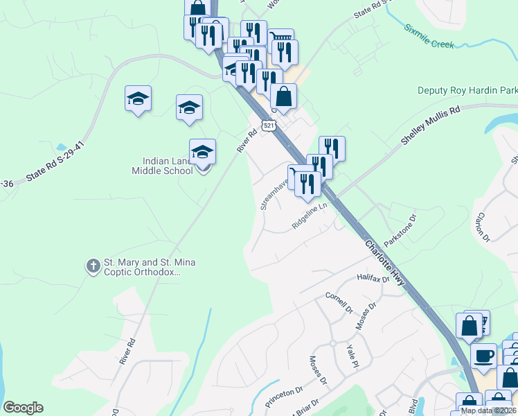 map of restaurants, bars, coffee shops, grocery stores, and more near 3080 Streamhaven Drive in Indian Land