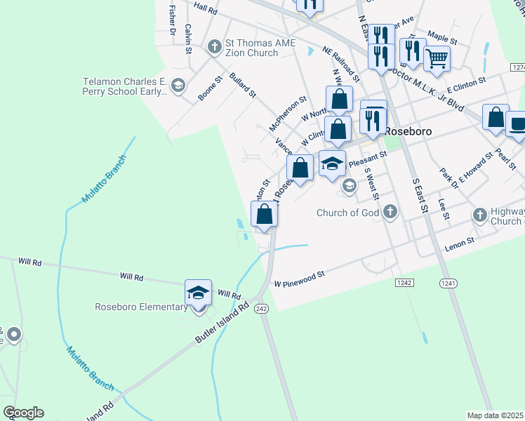 map of restaurants, bars, coffee shops, grocery stores, and more near 103 Charles Street in Roseboro