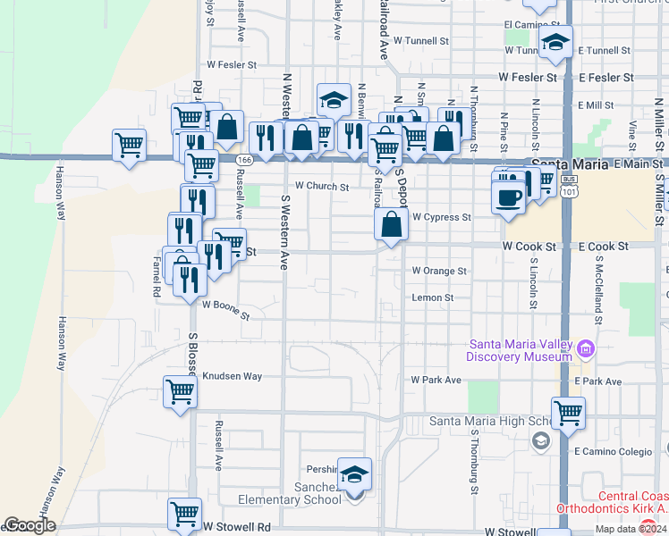 map of restaurants, bars, coffee shops, grocery stores, and more near 412 South Oakley Avenue in Santa Maria