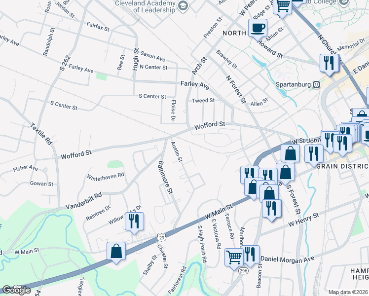 map of restaurants, bars, coffee shops, grocery stores, and more near 291 Austin Street in Spartanburg
