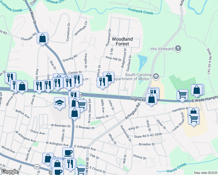 map of restaurants, bars, coffee shops, grocery stores, and more near 298 John Street in Greer