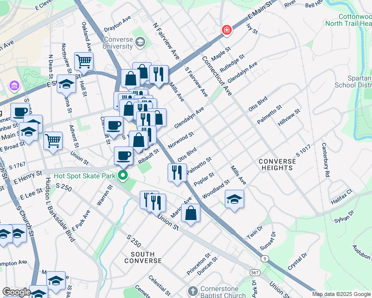 map of restaurants, bars, coffee shops, grocery stores, and more near 514 Otis Boulevard in Spartanburg