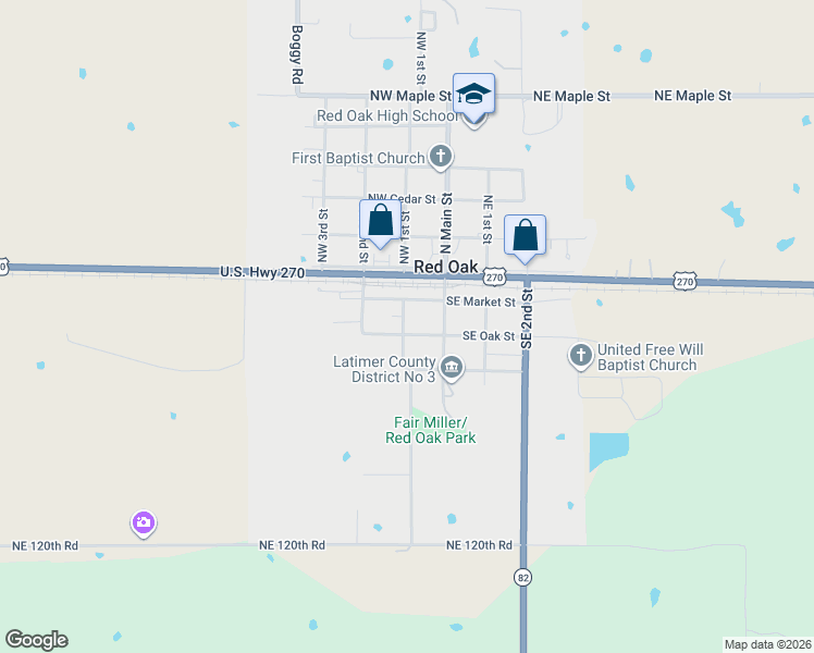 map of restaurants, bars, coffee shops, grocery stores, and more near 107 Southwest Oak Street in Red Oak