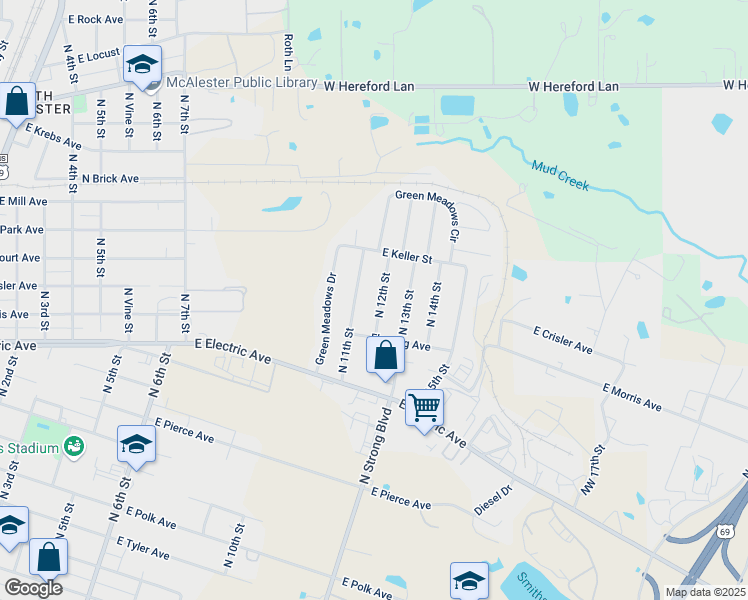 map of restaurants, bars, coffee shops, grocery stores, and more near 2110 North 11th Street in McAlester