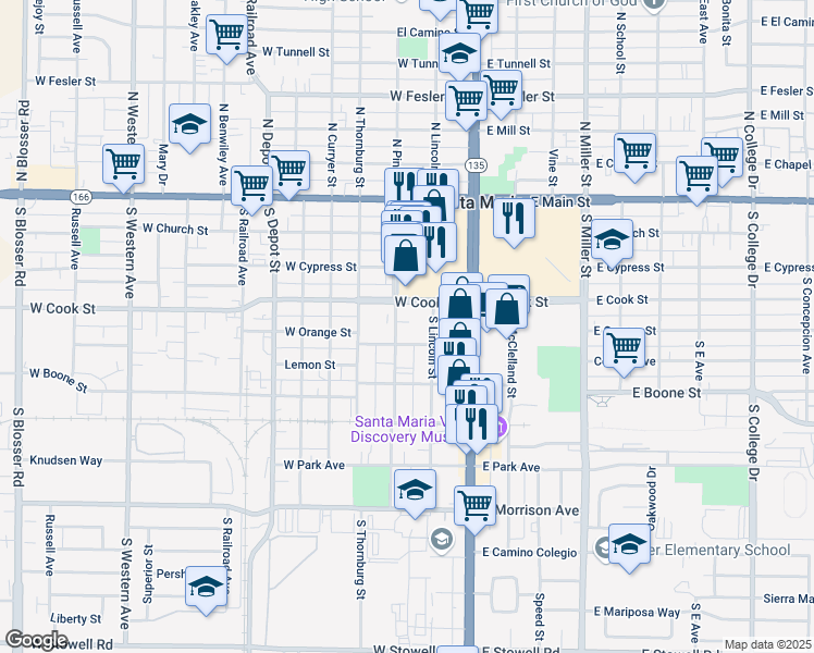 map of restaurants, bars, coffee shops, grocery stores, and more near 211 West Orange Street in Santa Maria