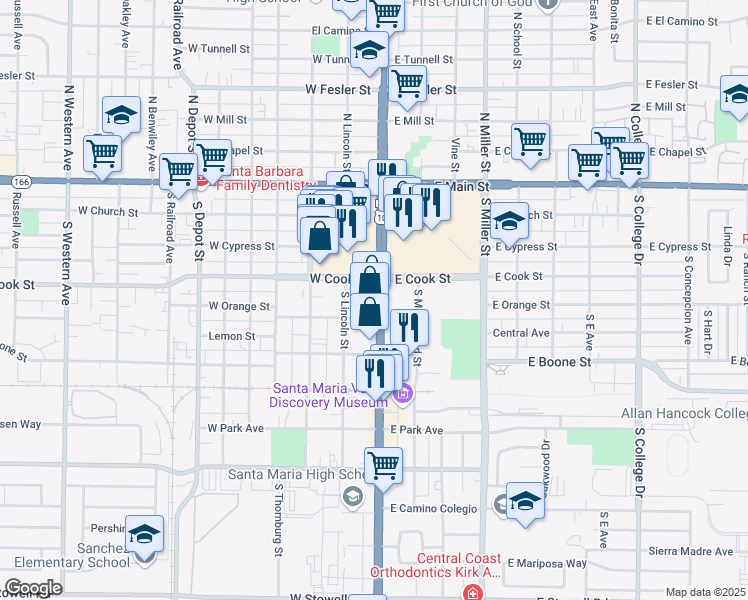 map of restaurants, bars, coffee shops, grocery stores, and more near 415 South Broadway in Santa Maria