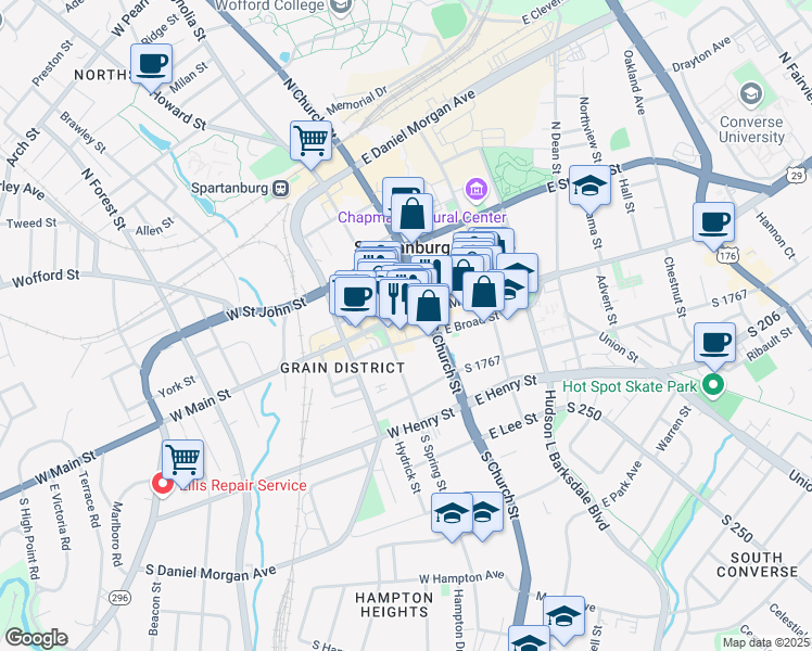 map of restaurants, bars, coffee shops, grocery stores, and more near 114 West Broad Street in Spartanburg