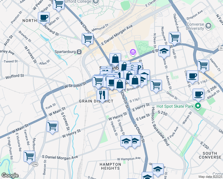 map of restaurants, bars, coffee shops, grocery stores, and more near 143 West Main Street in Spartanburg
