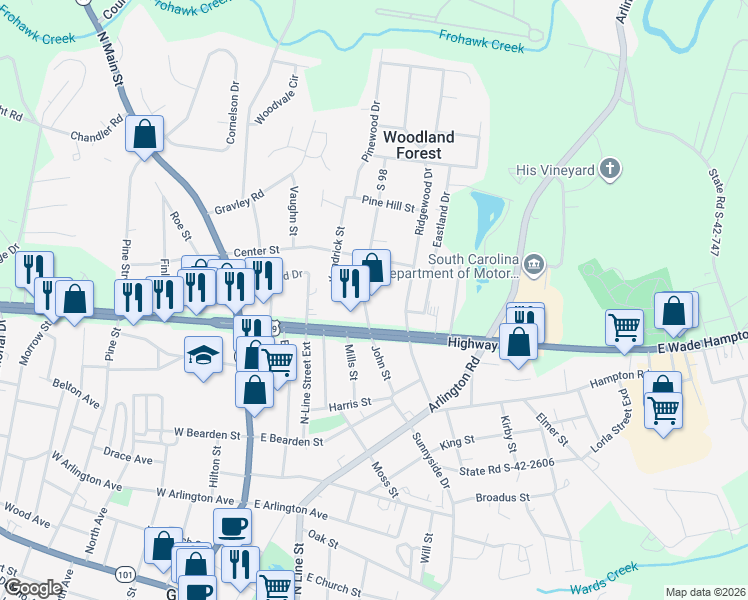 map of restaurants, bars, coffee shops, grocery stores, and more near 300 John Street in Greer