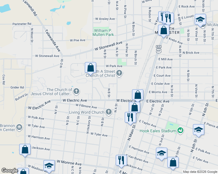 map of restaurants, bars, coffee shops, grocery stores, and more near 2016 North B Street in McAlester