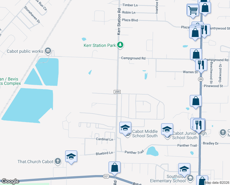 map of restaurants, bars, coffee shops, grocery stores, and more near 10 Shaded Oaks Drive in Cabot