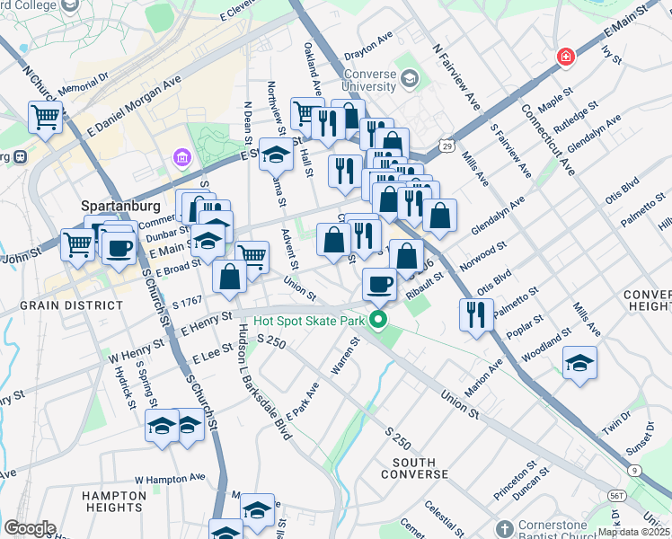 map of restaurants, bars, coffee shops, grocery stores, and more near 1 Real Estate Way in Spartanburg