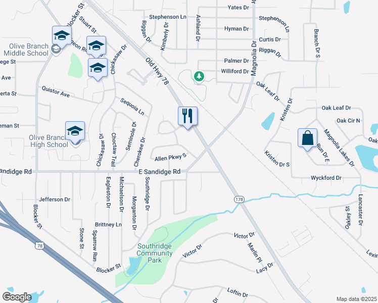 map of restaurants, bars, coffee shops, grocery stores, and more near 6027 Allen Parkway East in Olive Branch